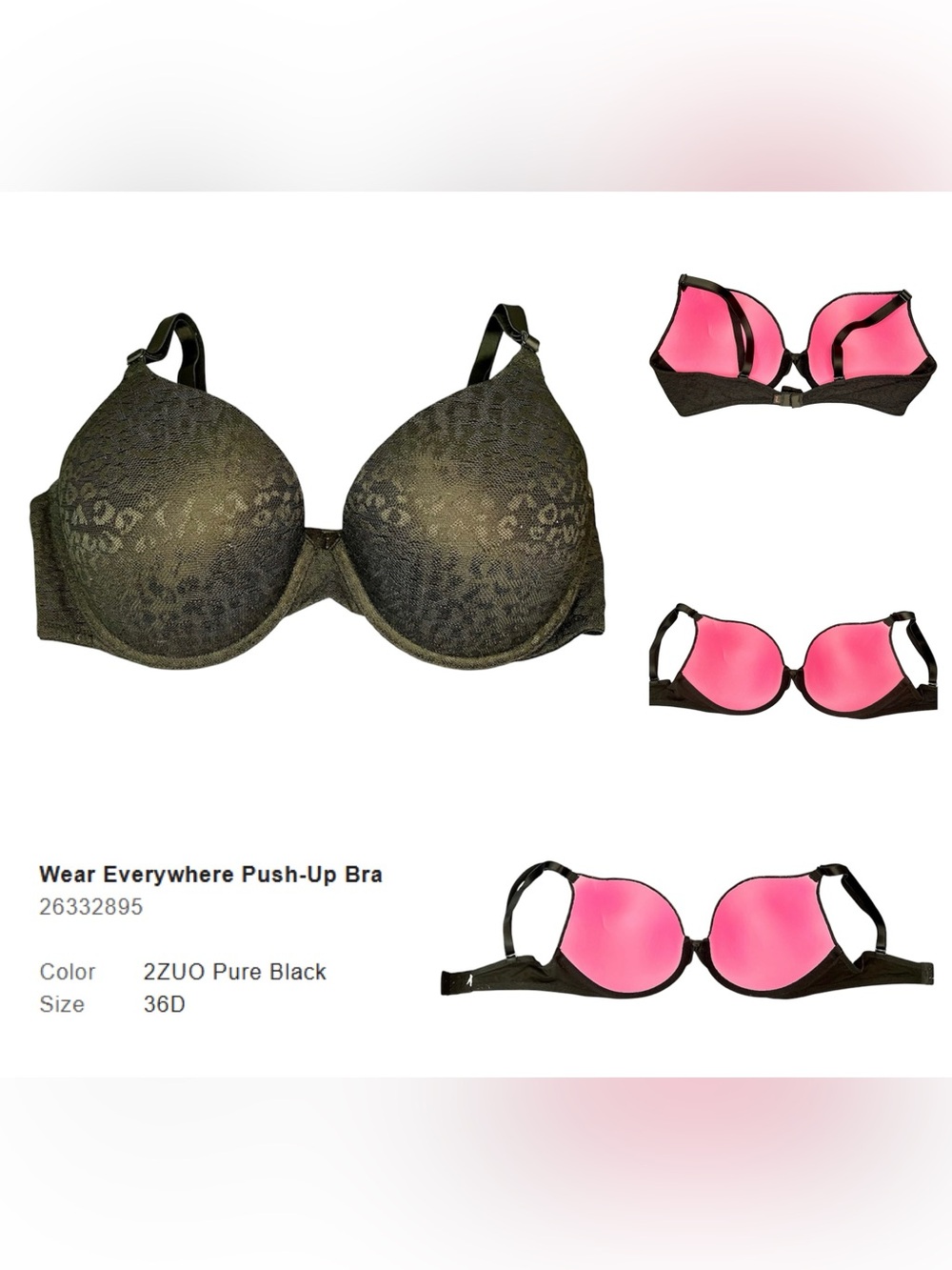 PINK Victoria's Secret Pure Black Push-Up Bra - 36D